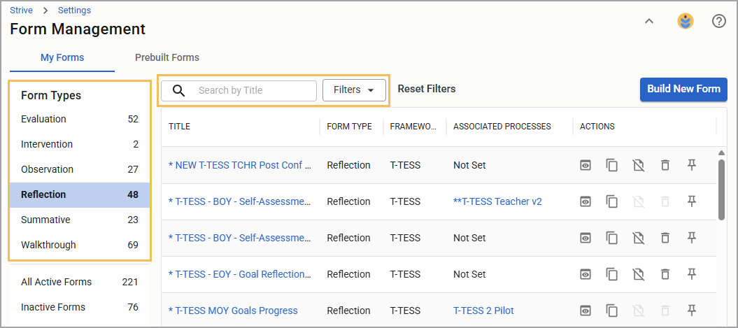 Overview of form management with various types and counts of forms listed.